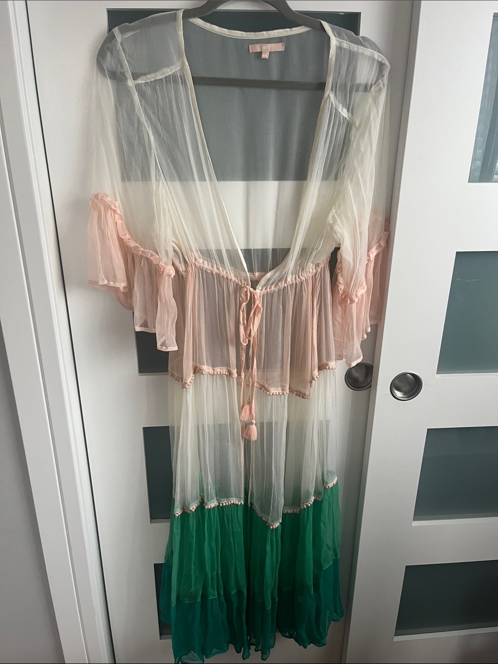 Sheer Tie-Front Maxi Robe in Blush, Ivory & Green